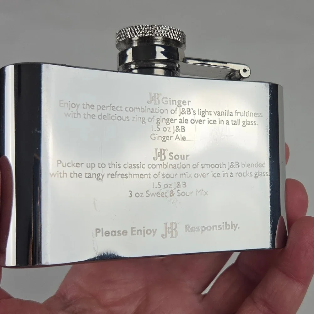 Vintage 2002 J&B Scotch Whisky Hip Flask Silver Stainless Steel w/ Recipes 2002